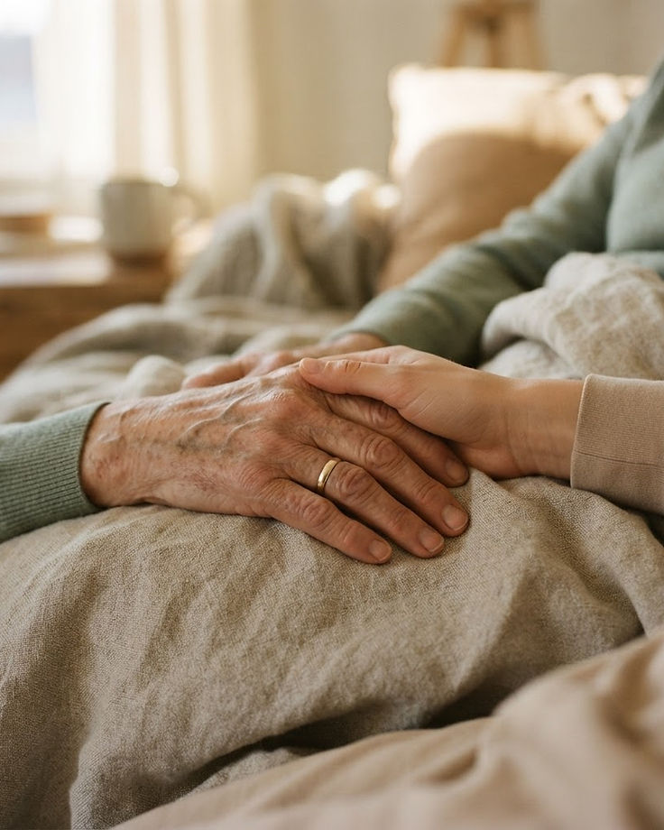 A caregiver's hand holding an older loved one's hand