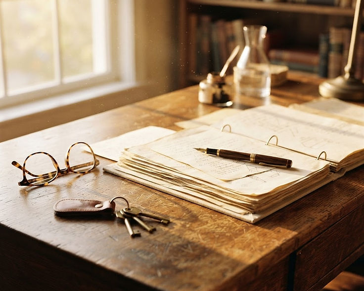 An organized estate binder, pen, and keys on a sunlit desk