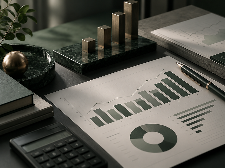 Financial analysis papers, charts and a calculator on a dark professional desk