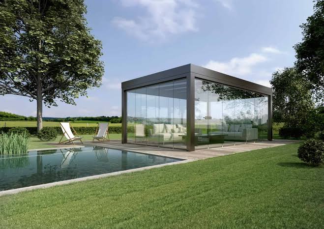 A garden room beside the pool