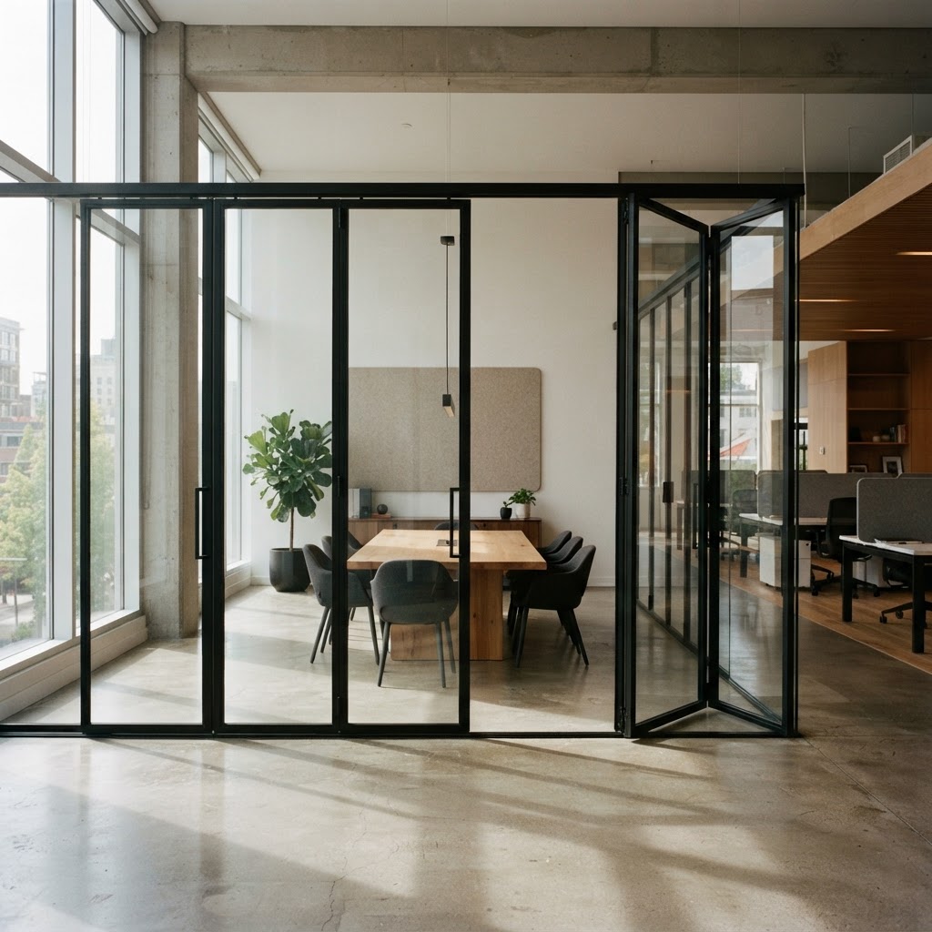 Slim-framed glass internal partitions dividing a modern office