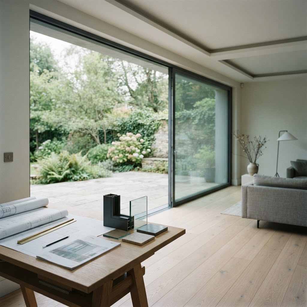 An architect's desk with drawings and material samples in front of a minimal-frame sliding wall