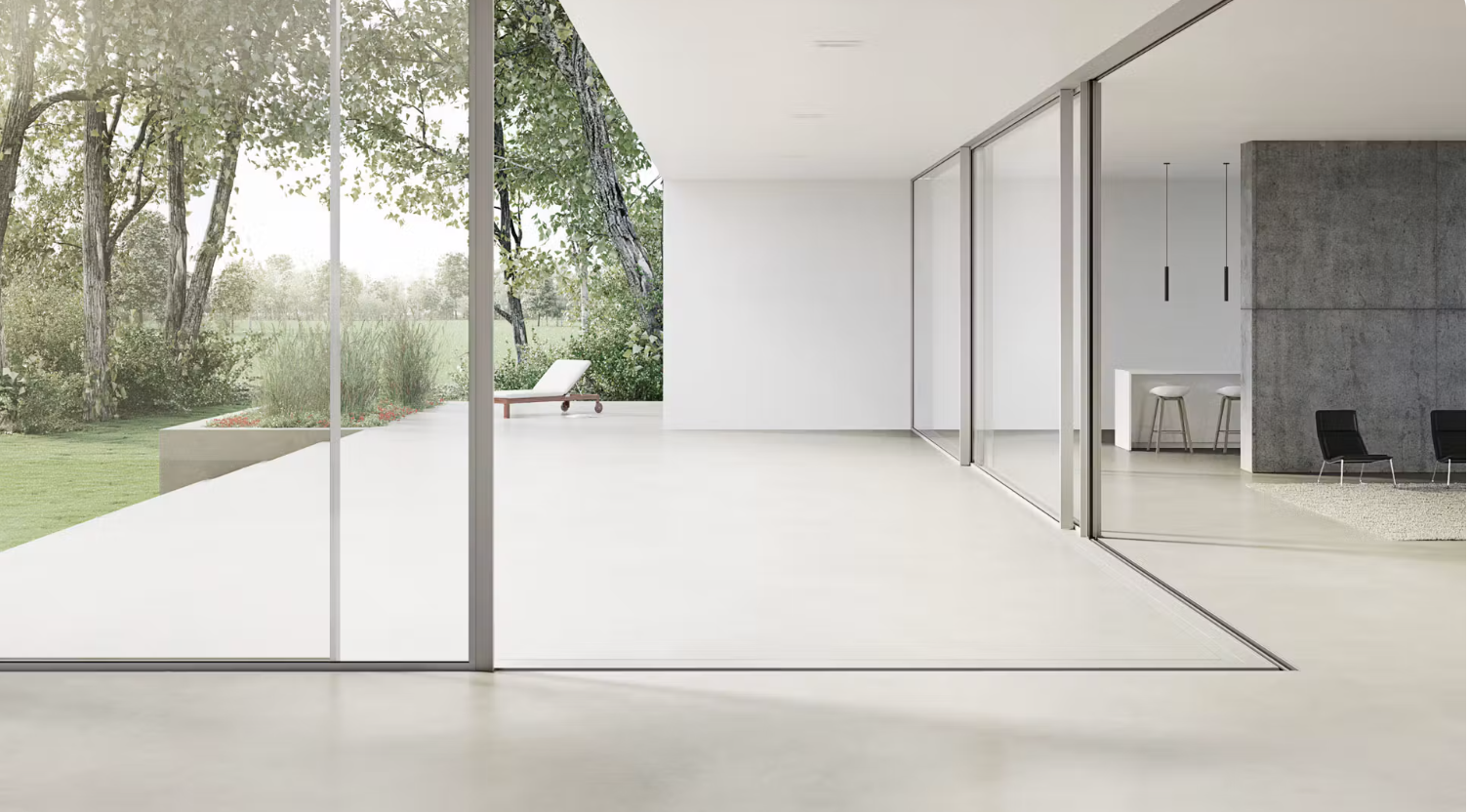Sliding doors open onto a patio, with the garden framed by the panels