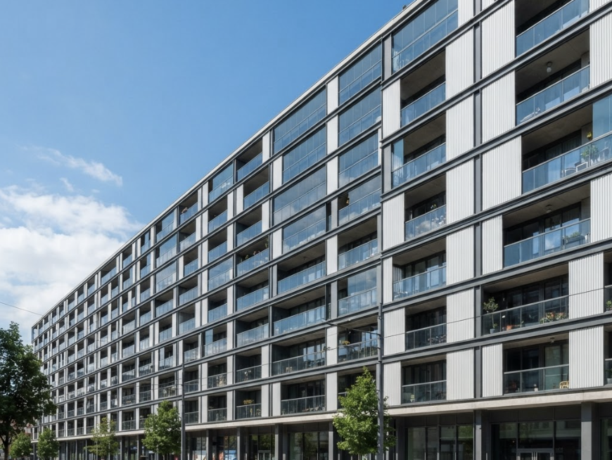 A long elevation of glazed balcony modules alternating with ribbed panels, seen from street level