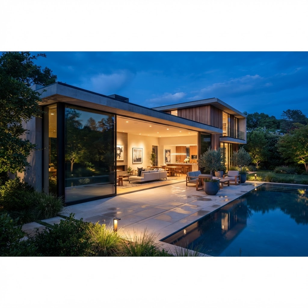 A minimal sliding glass wall opened fully at dusk, with light from the room spilling onto the terrace