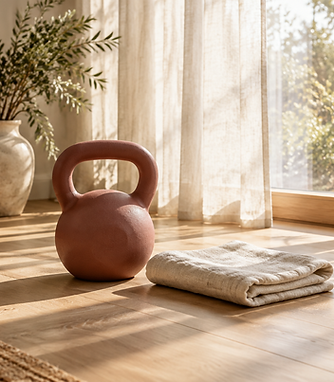 Kettlebell and folded towel in warm window light