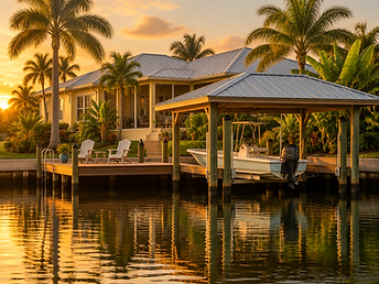 4514 Neptune Dr, Hernando Beach, FL 34607 — Covered boat dock and tropical landscaping