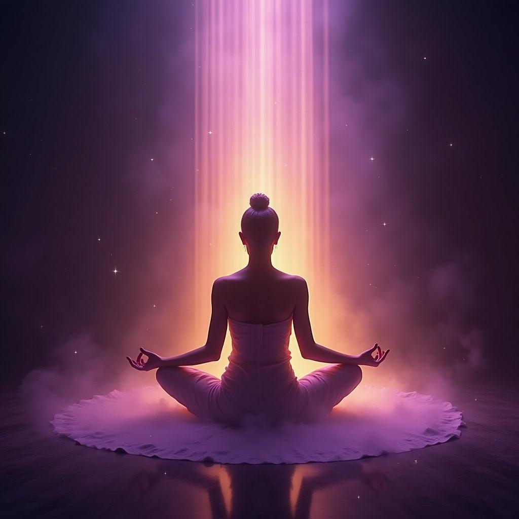 Persona meditando bajo un haz de luz