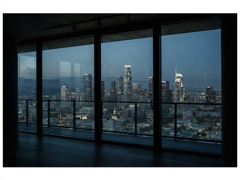 Downtown Los Angeles skyline at dusk seen through the window of a dark studio
