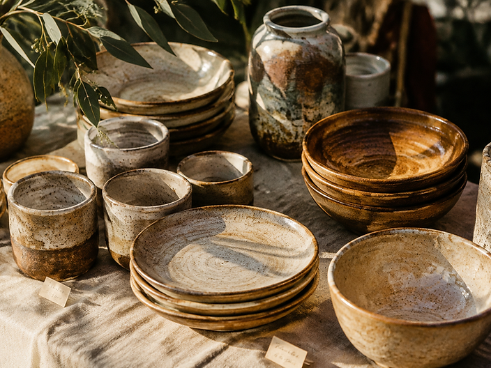Handmade stoneware and linen displayed on a weathered timber market table