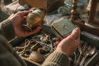 Hands holding a tarnished brass object above a tray of vintage jewellery and cutlery