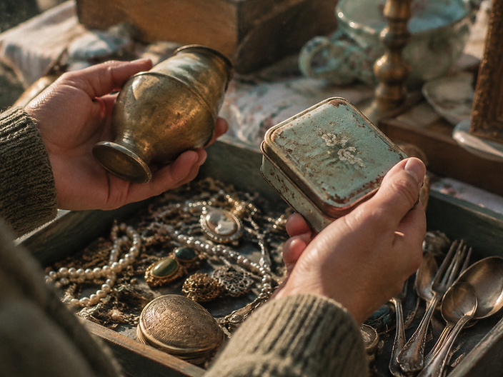 Hands holding a tarnished brass object above a tray of vintage jewellery and cutlery