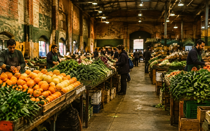 Long trestle tables stacked with citrus and leafy greens inside a brick market hall