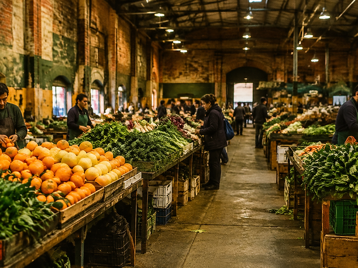 Long trestle tables stacked with citrus and leafy greens inside a brick market hall