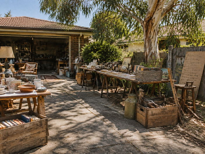 Trestle tables of secondhand household goods and vintage crates on a sunlit driveway