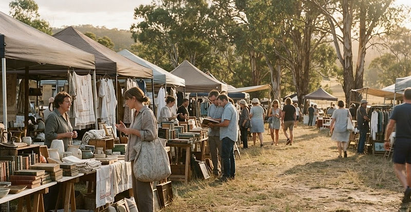 Shoppers browsing trestle tables of vintage finds at an outdoor market in low afternoon sun