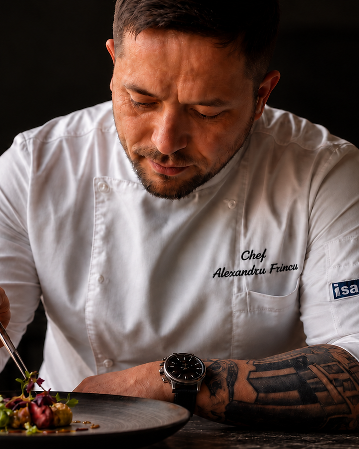 Mâinile unui chef care finalizează un platou cu pensetă fină