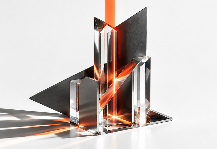 Glass prisms refracting a beam of light upward
