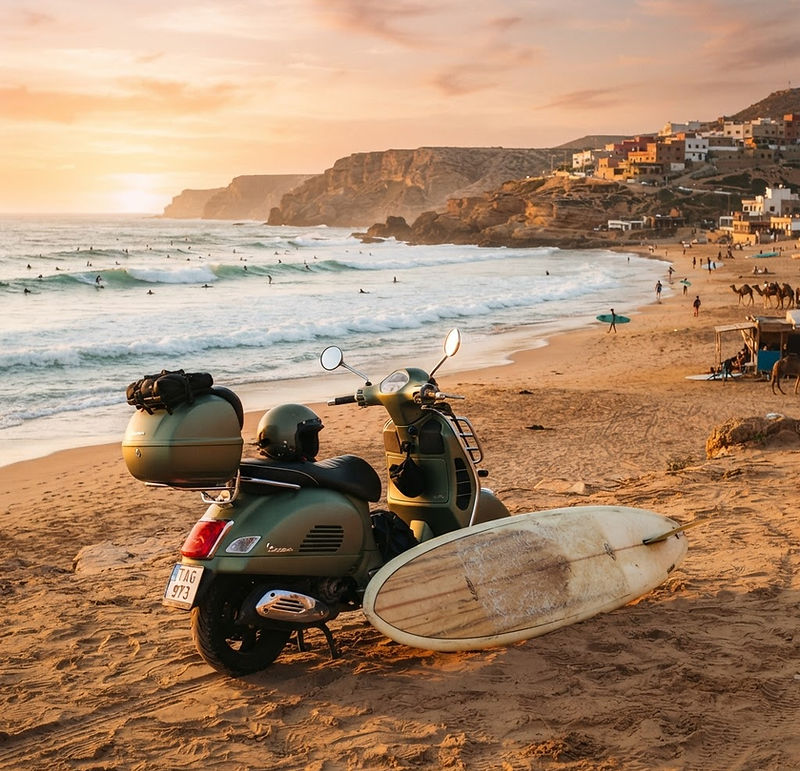 Scooter on a Moroccan beach at golden hour