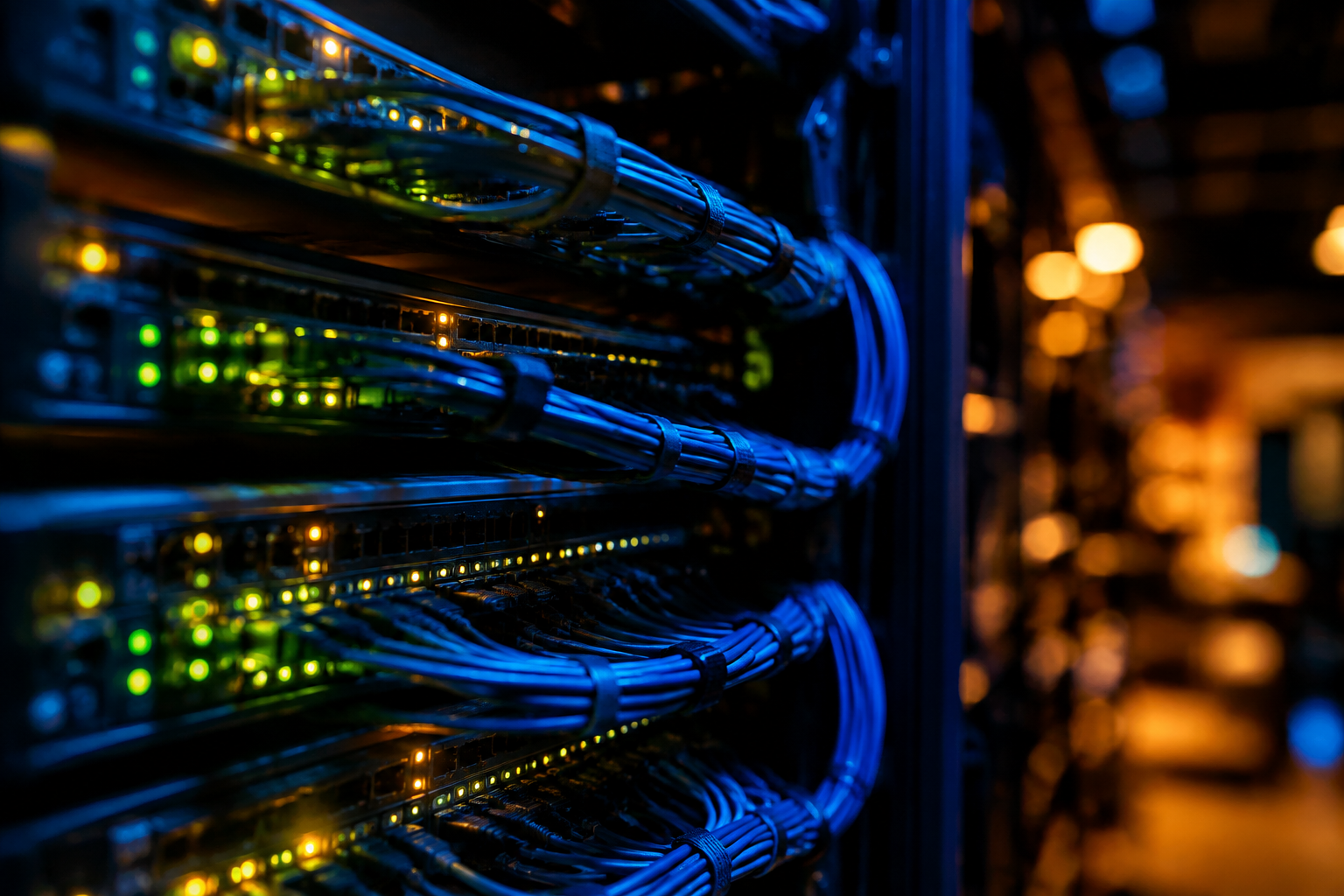 Organized network cabling with glowing LEDs