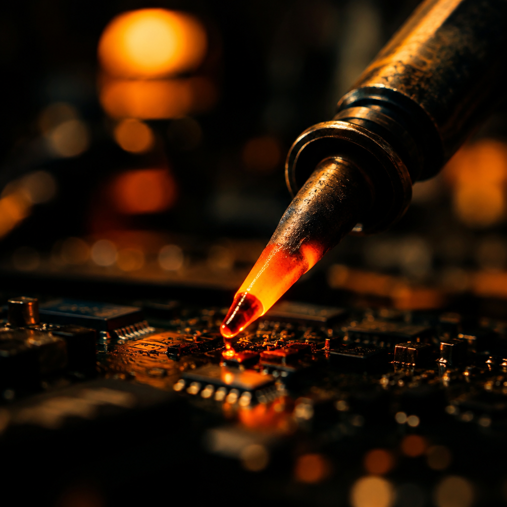 Glowing soldering iron tip meeting a circuit board