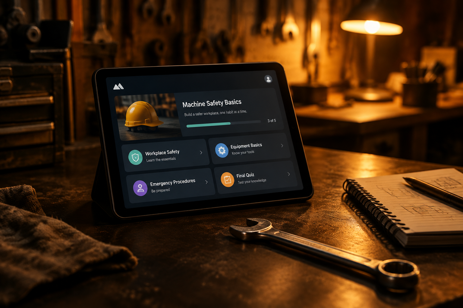 Tablet with a training app beside a wrench