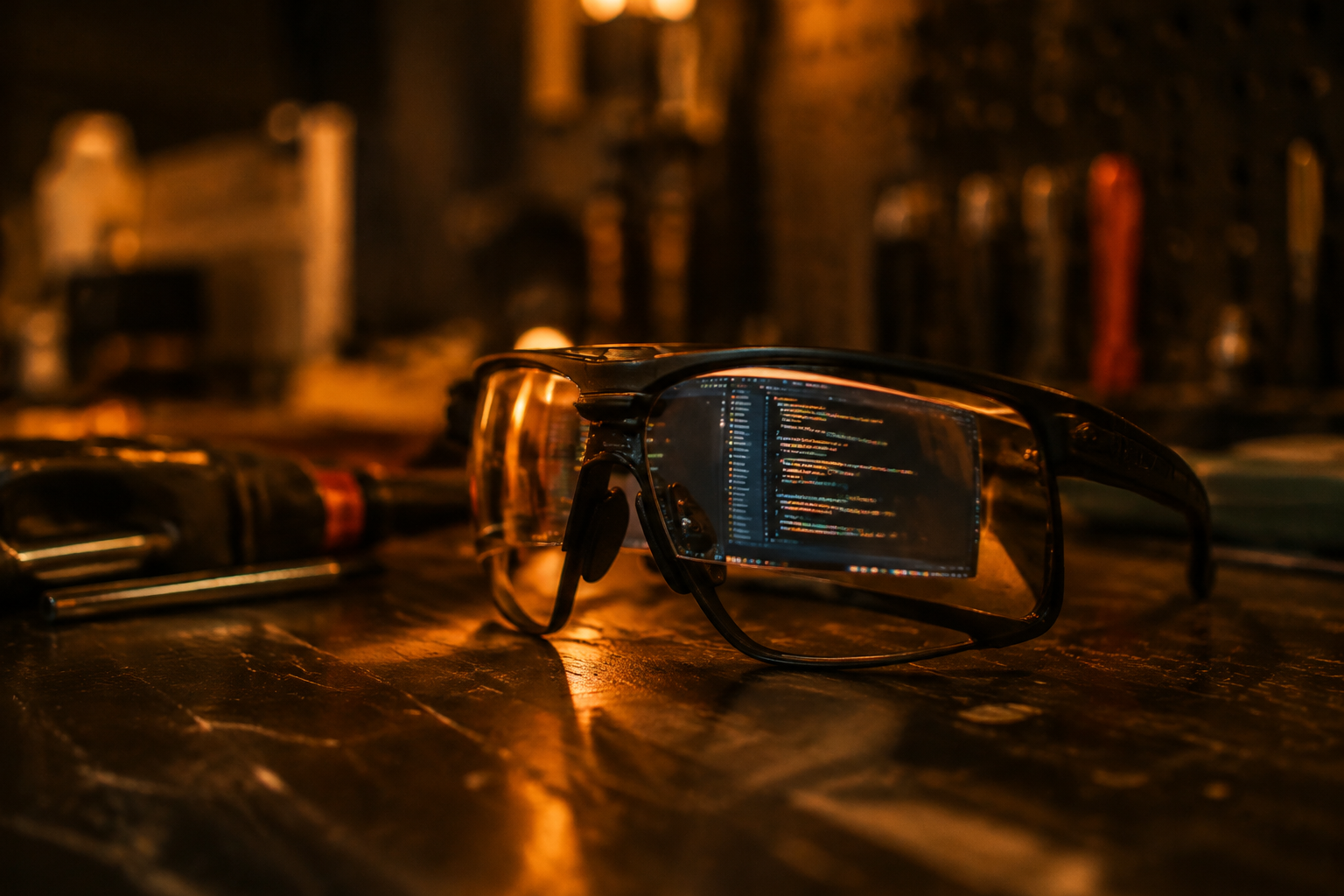 Code editor reflected in safety glasses