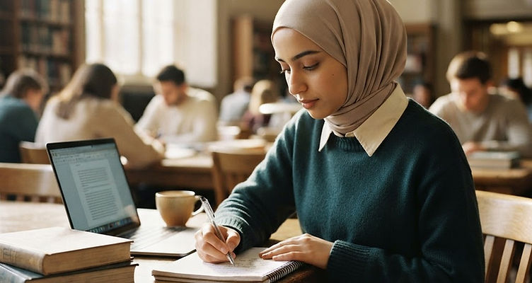A young woman in a hijab taking notes beside a laptop and textbooks in a sunlit library