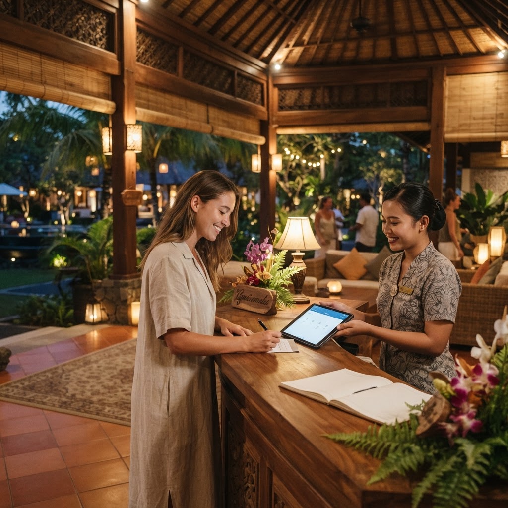 Guest completing a direct booking at a resort front desk