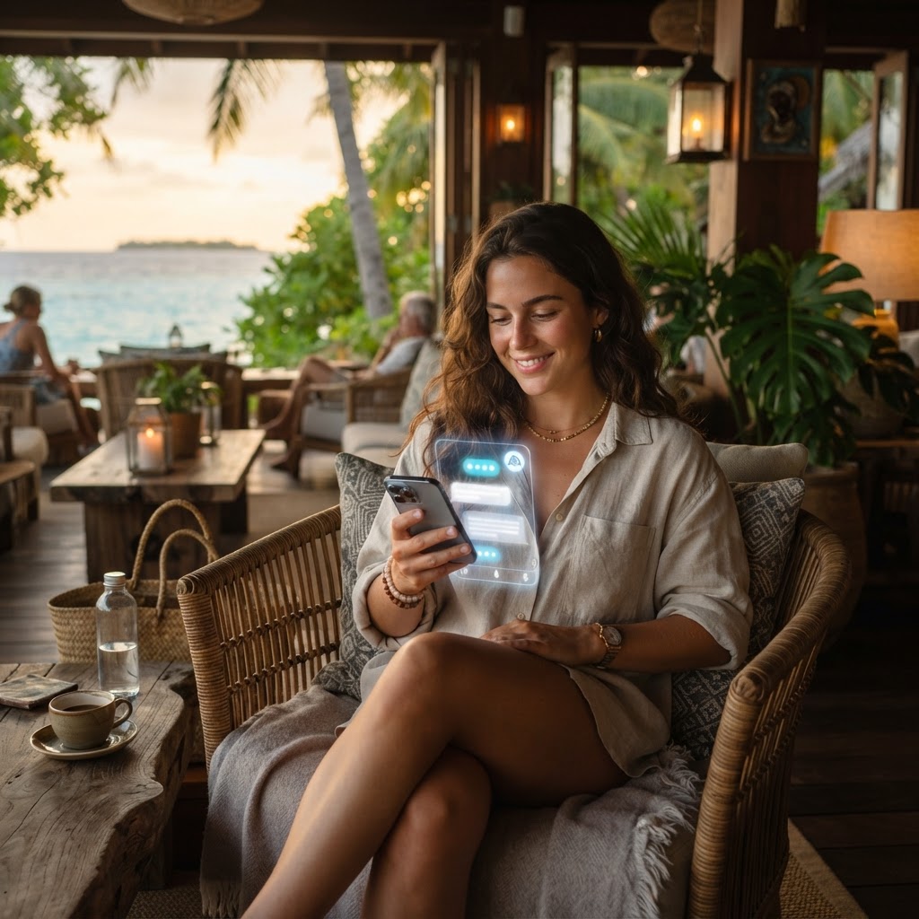 Traveller asking an AI assistant for hotel recommendations in a boutique tropical lounge