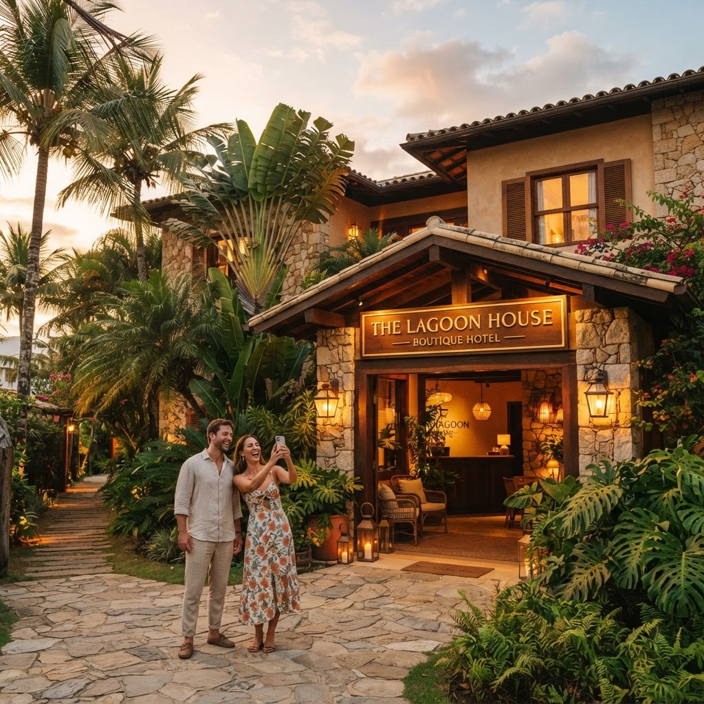 Independent tropical boutique hotel welcoming guests at golden hour