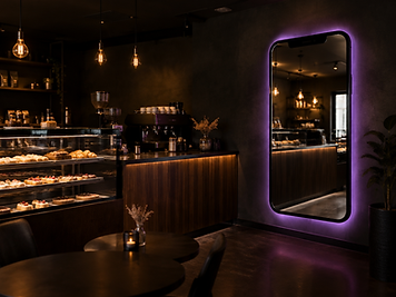 Espelho instagramável com LED roxo em cafeteria e doceria aconchegante