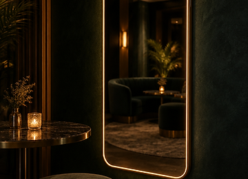 Espelho instagramável em formato de celular com moldura dourada e LED âmbar em ambiente de lounge