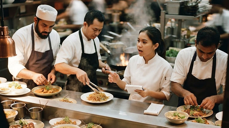 An expediter calling orders at a restaurant kitchen pass while a multicultural line team plates dishes under warm heat lamps
