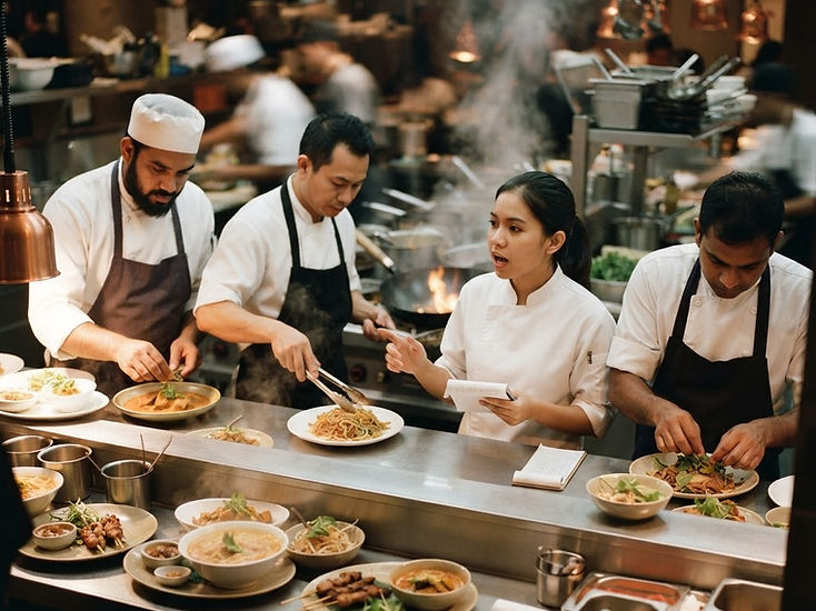 An expediter calling orders at a restaurant kitchen pass while a multicultural line team plates dishes under warm heat lamps