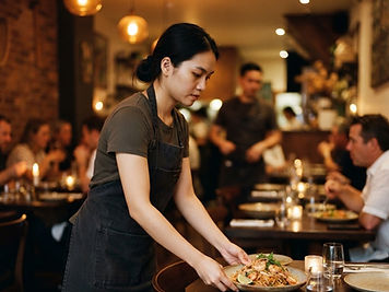 A server setting a plate at a restaurant table during evening service