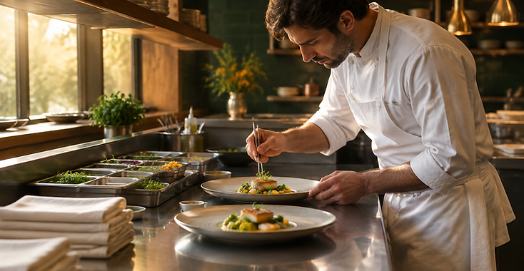 A kitchen pass being set before service