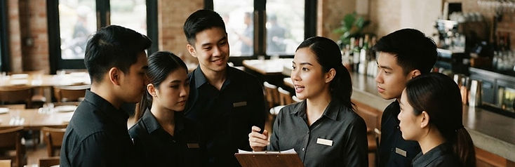 A multicultural hospitality team in a pre-service briefing before the doors open