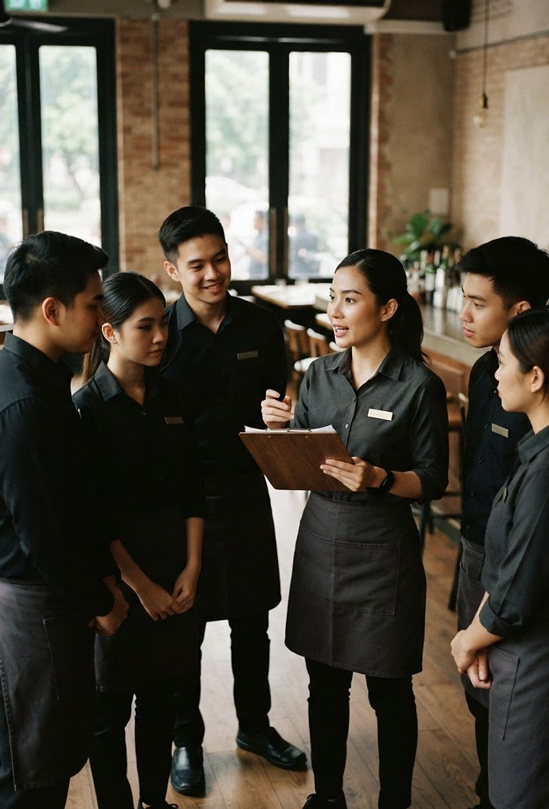A multicultural hospitality team in a pre-service briefing before the doors open