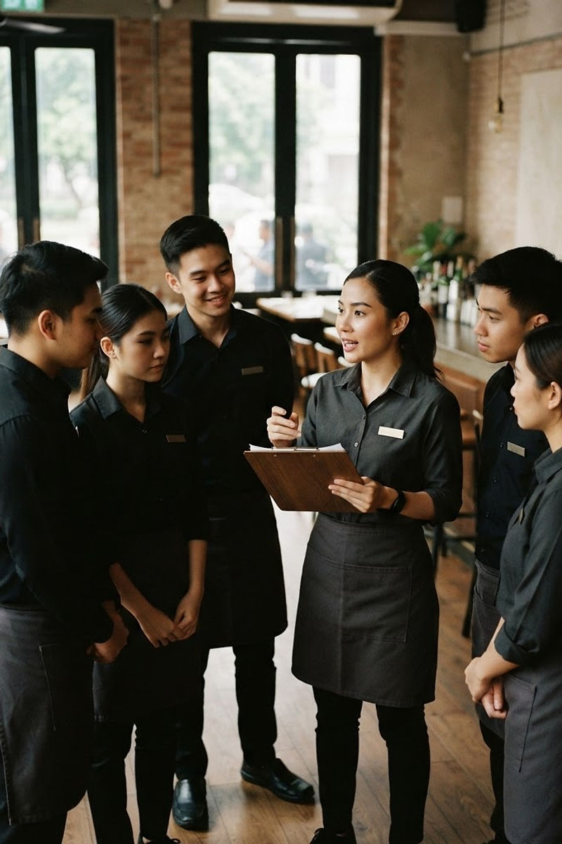 A multicultural hospitality team in a pre-service briefing before the doors open