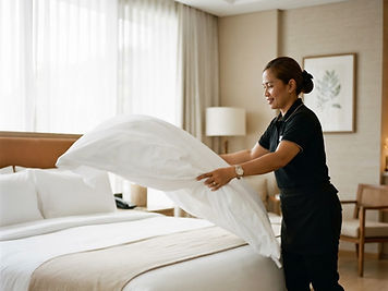 A housekeeping attendant making up a hotel bed in daylight, white linen mid-air