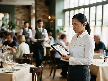 A duty manager reviewing a tablet on the restaurant floor while staff move behind her