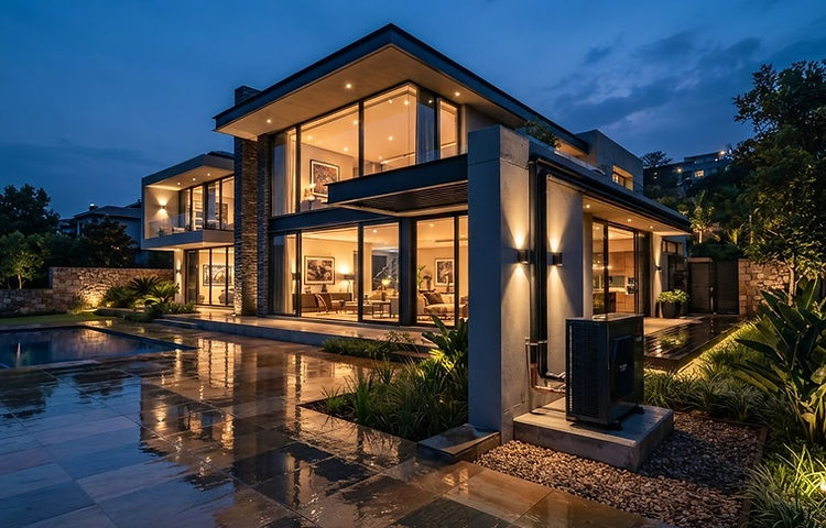 Heat pump installation at a modern Sandton home at twilight