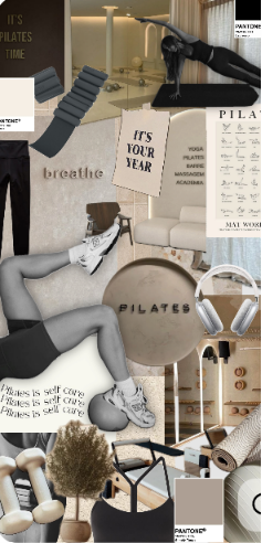 Pilates collage — studio arches, black activewear and a weights flatlay
