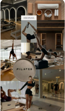 Pilates collage — reformer poses, a DISCIPLINE card and studio interiors
