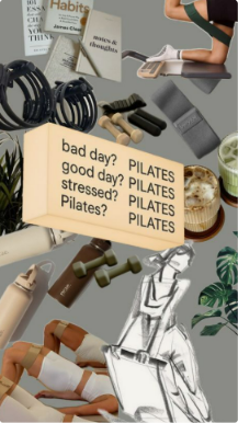 Pilates collage — rings, dumbbells and “bad day? Pilates” notes