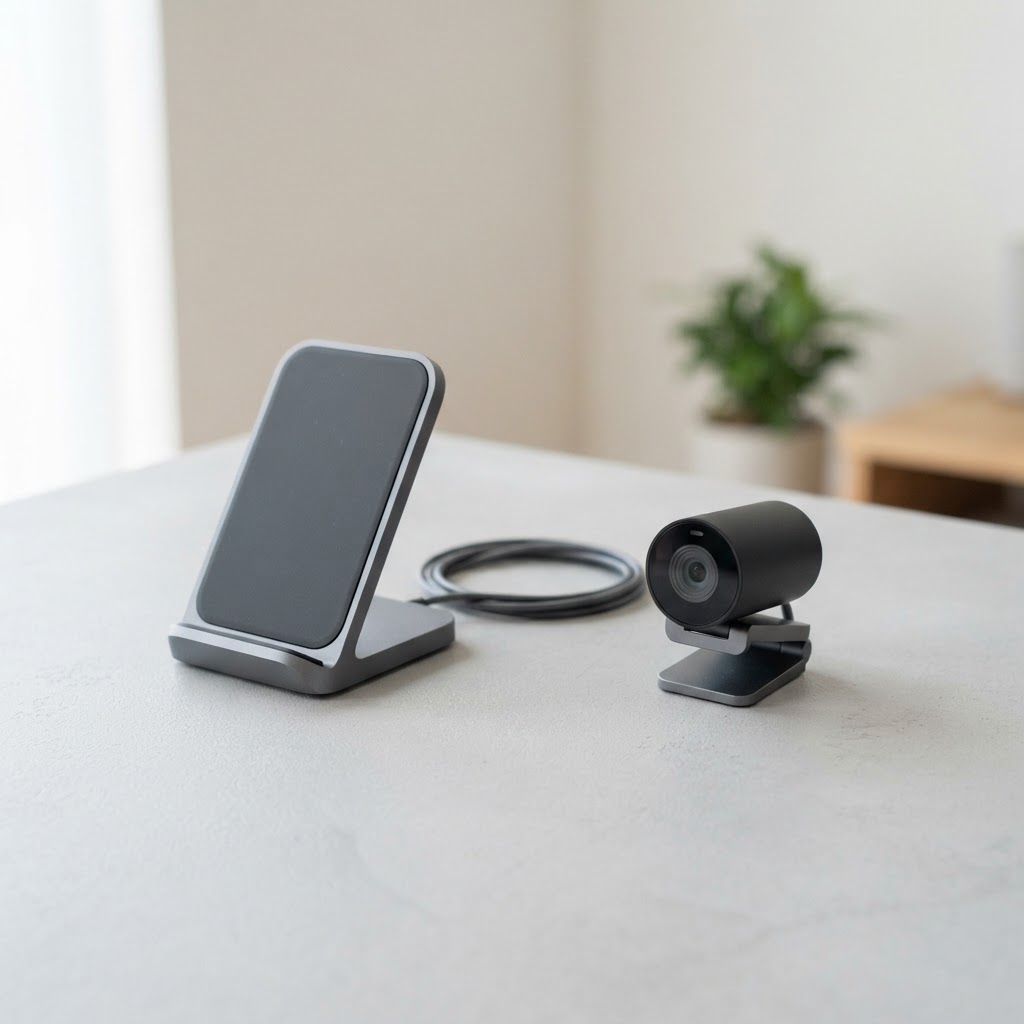 A wireless charging stand and a webcam on a clean desk