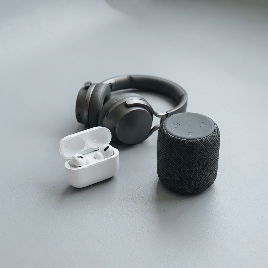Earbuds, a portable speaker and over-ear headphones on a light grey studio surface