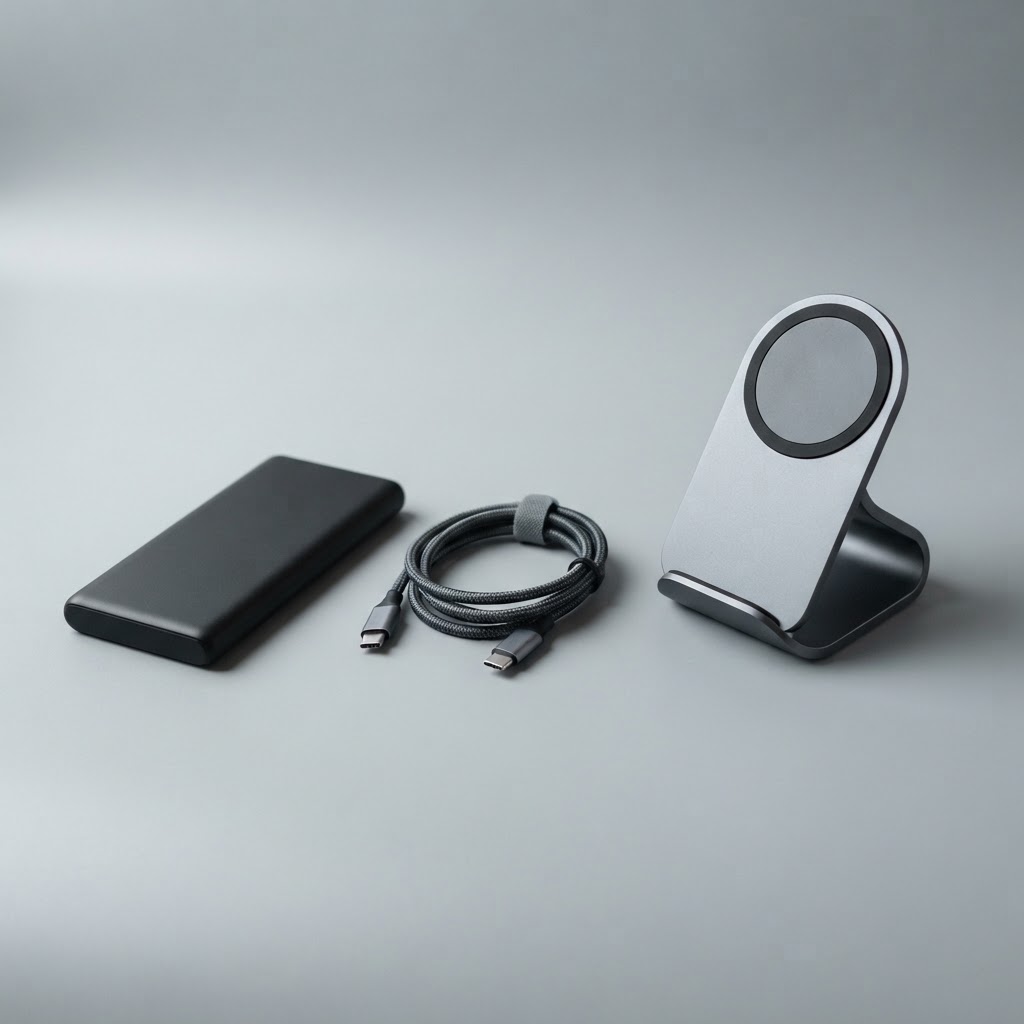 A power bank, a braided cable and a wireless charging stand on a light grey surface