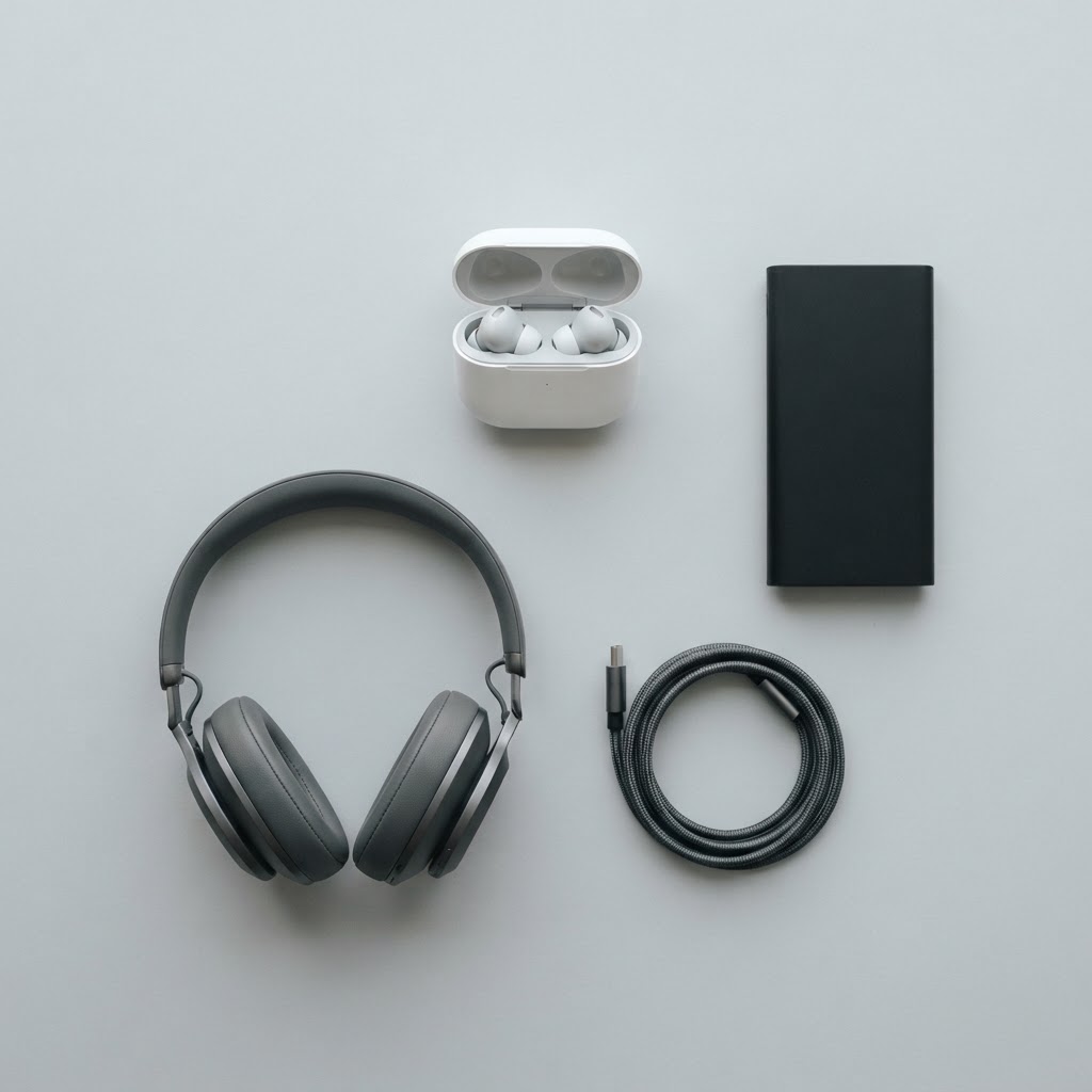 The Zentek Arc kit: earbuds in their case, a power bank, a braided cable and over-ear headphones